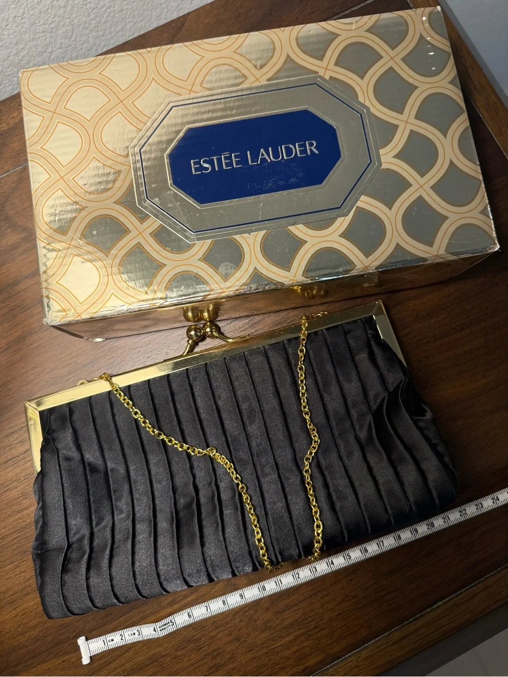 Estee Lauder Black Satin Pleated Clutch with Gold Chain